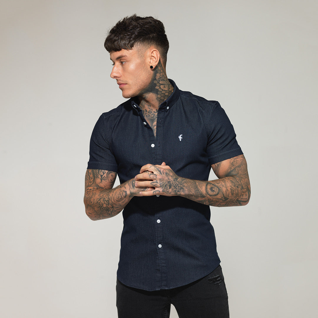 Super Slim Stretch Navy Denim Short Sleeve - FS167