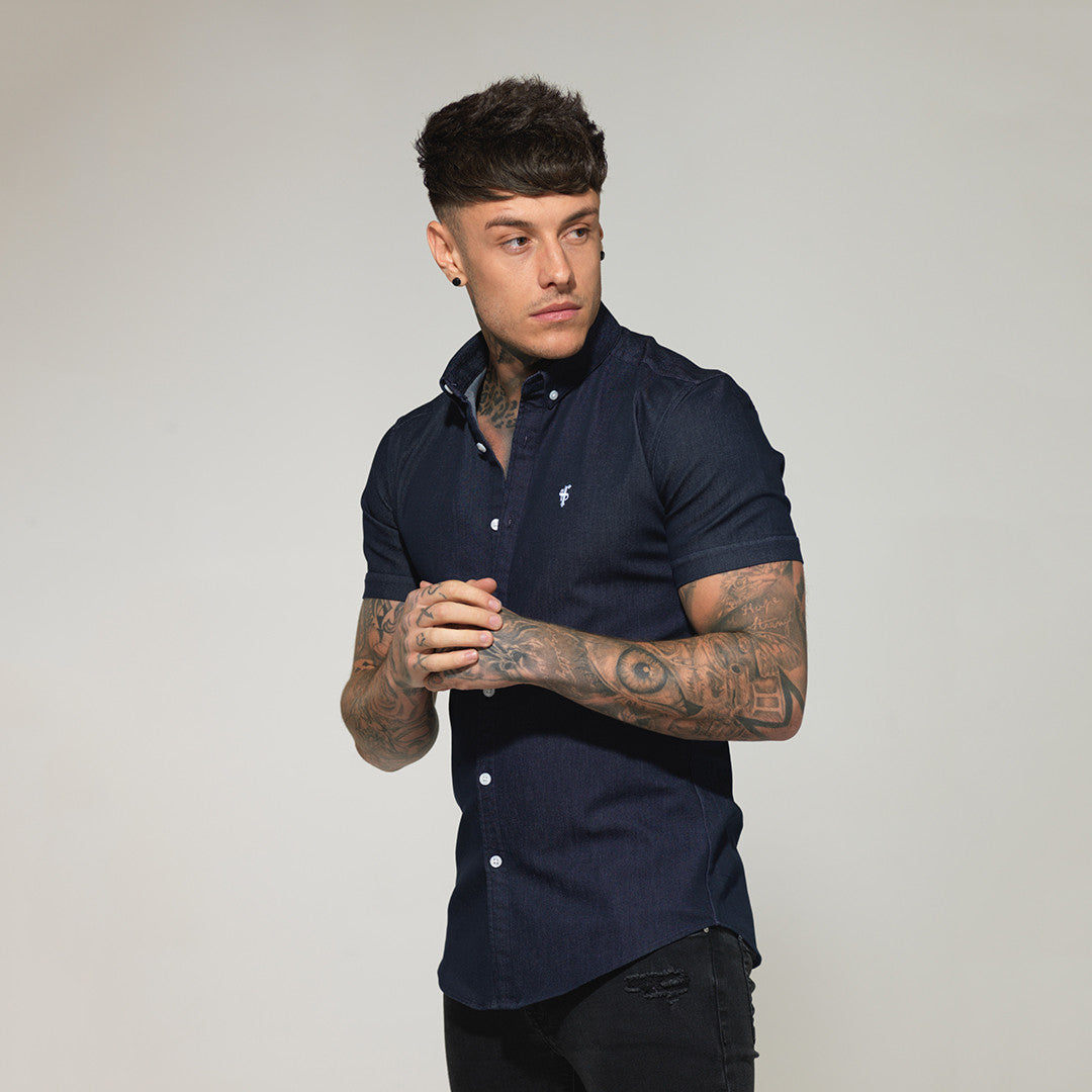 Super Slim Stretch Navy Denim Short Sleeve - FS167