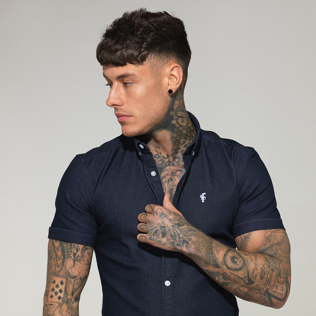 Super Slim Stretch Navy Denim Short Sleeve - FS167