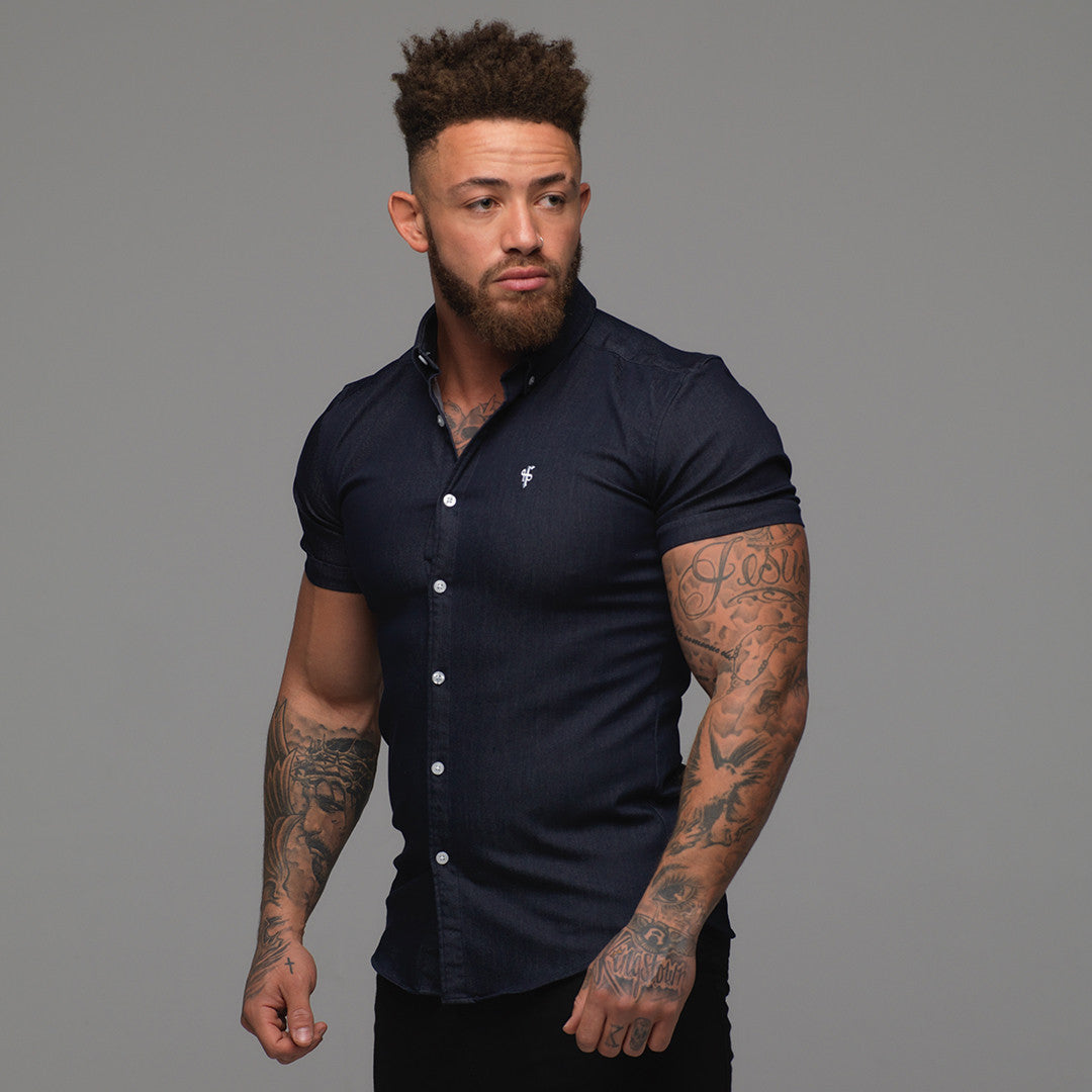 Super Slim Stretch Navy Denim Short Sleeve - FS167