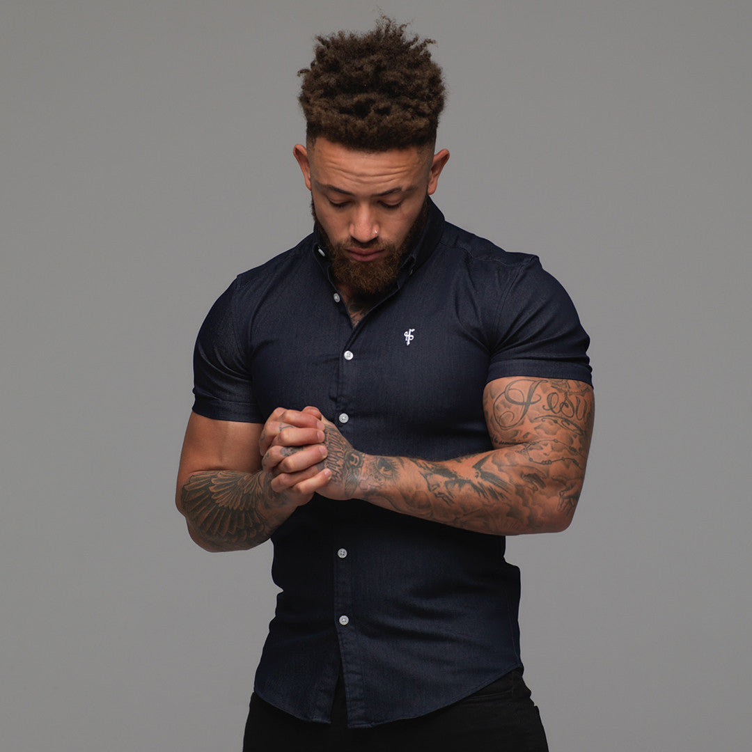 Super Slim Stretch Navy Denim Short Sleeve - FS167