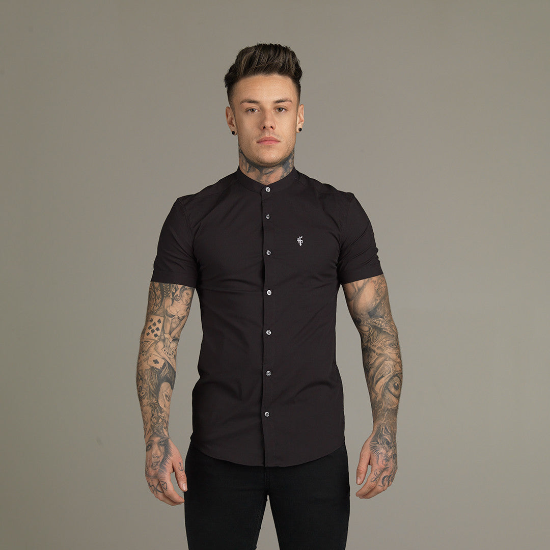 Super Slim Stretch Classic Black Grandad Collar Short Sleeve - FS173