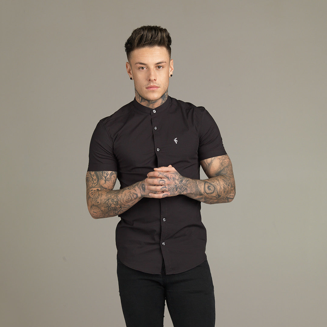 Super Slim Stretch Classic Black Grandad Collar Short Sleeve - FS173