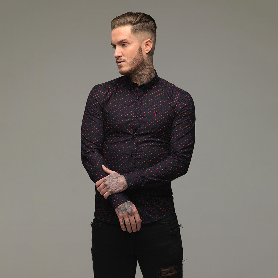 Super Slim Stretch Navy & Red Ditsy Print Long Sleeve (Red Embroidery) - FS092R