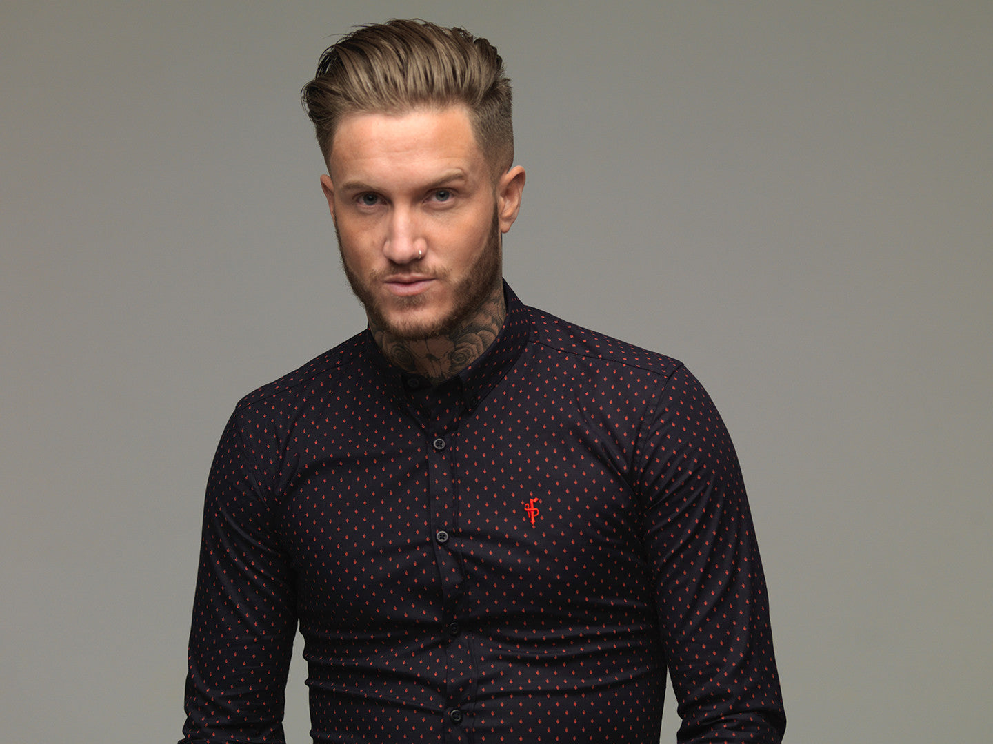 Super Slim Stretch Navy & Red Ditsy Print Long Sleeve (Red Embroidery) - FS092R