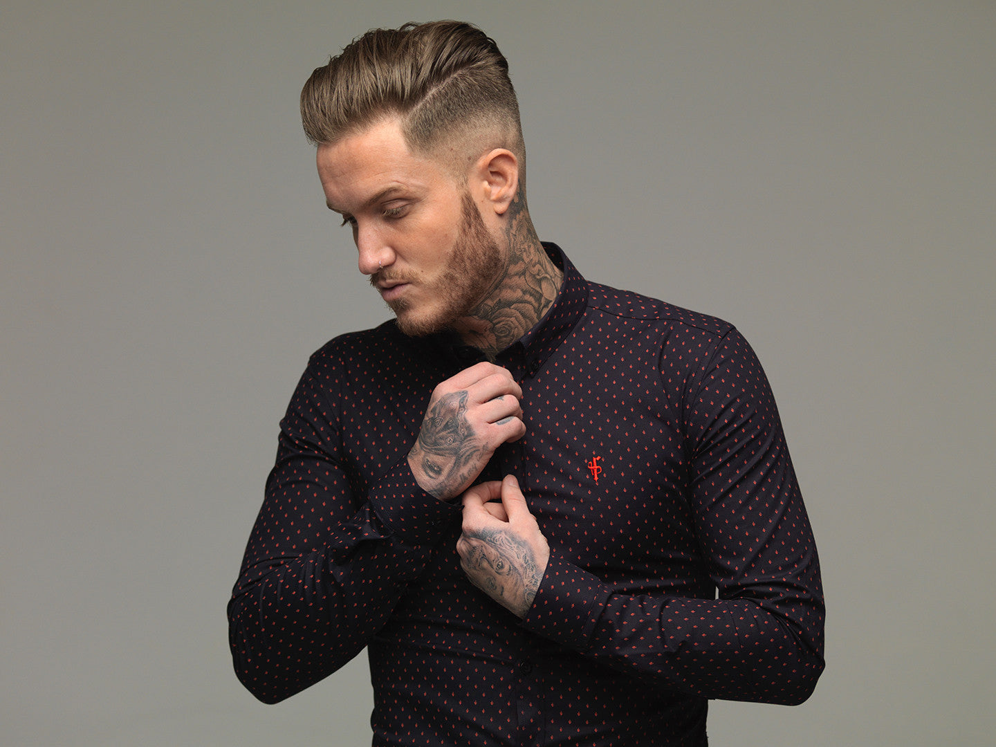 Super Slim Stretch Navy & Red Ditsy Print Long Sleeve (Red Embroidery) - FS092R