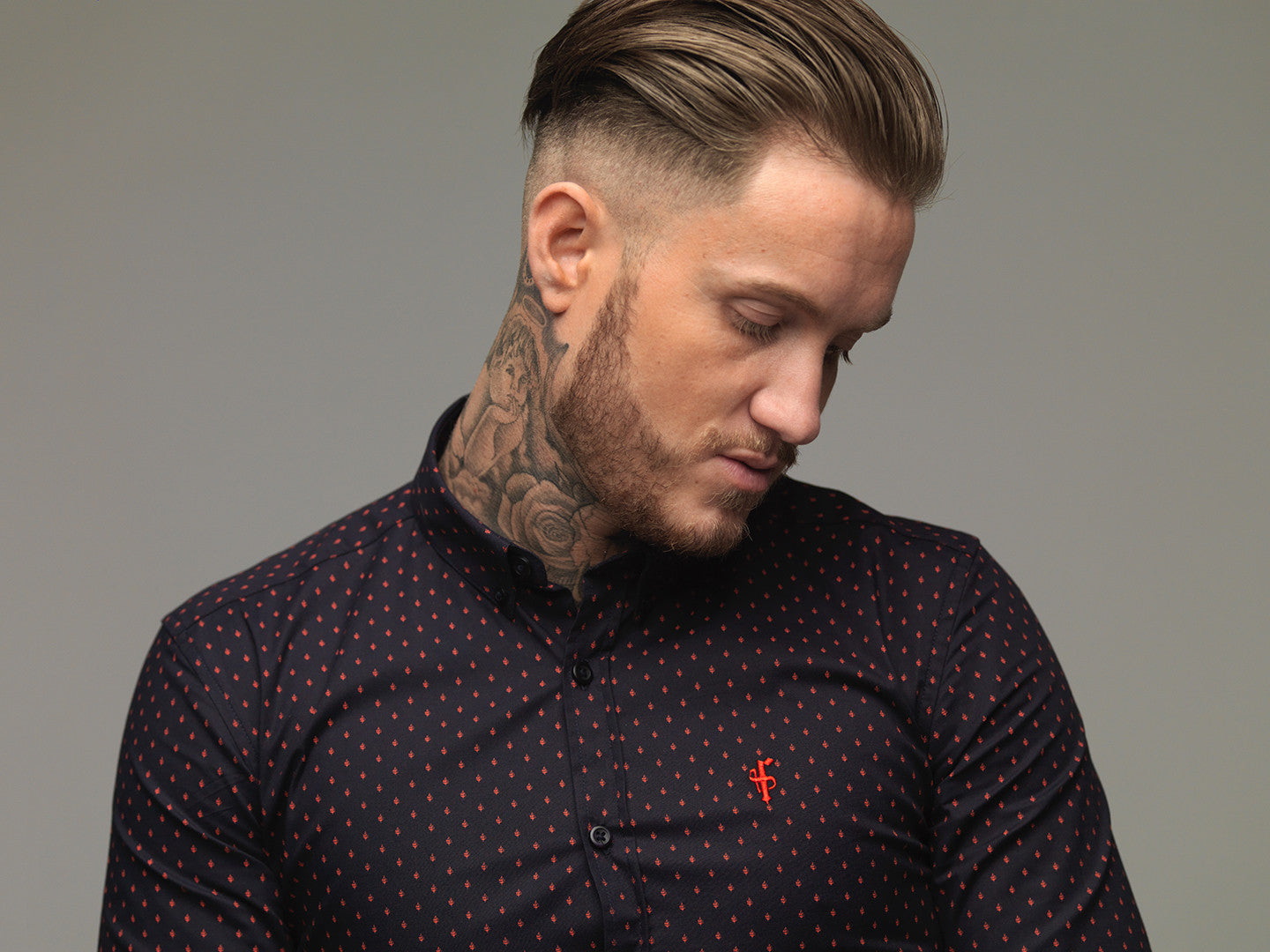 Super Slim Stretch Navy & Red Ditsy Print Long Sleeve (Red Embroidery) - FS092R