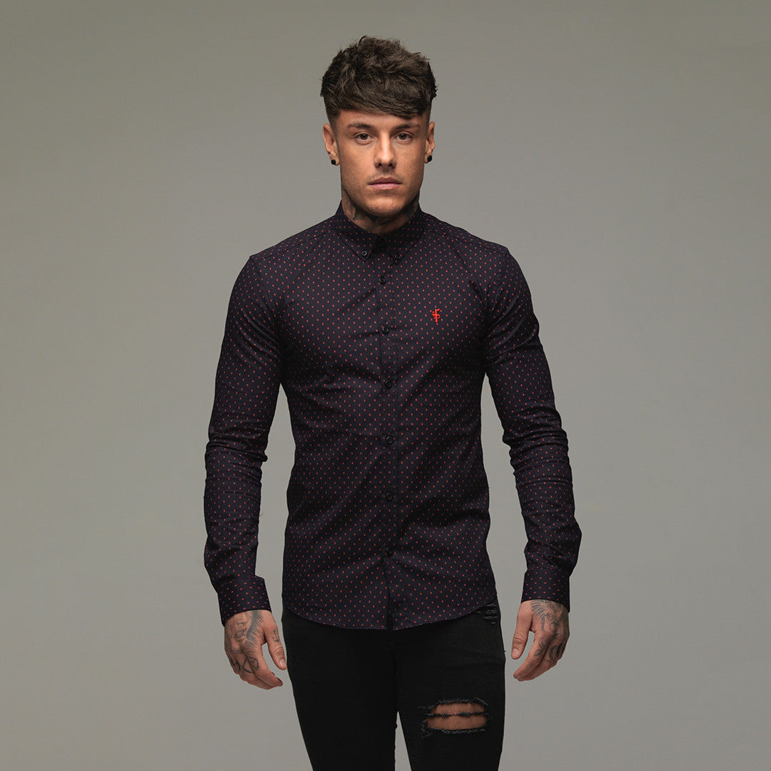 Super Slim Stretch Navy & Red Ditsy Print Long Sleeve (Red Embroidery) - FS092R