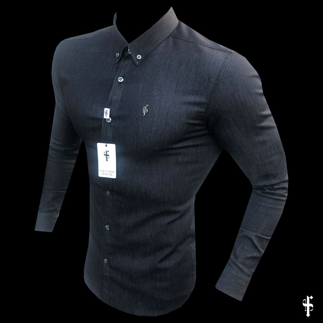 Super Slim Stretch Charcoal Grey  Denim Long Sleeve with Metal Decal Emblem - FS640