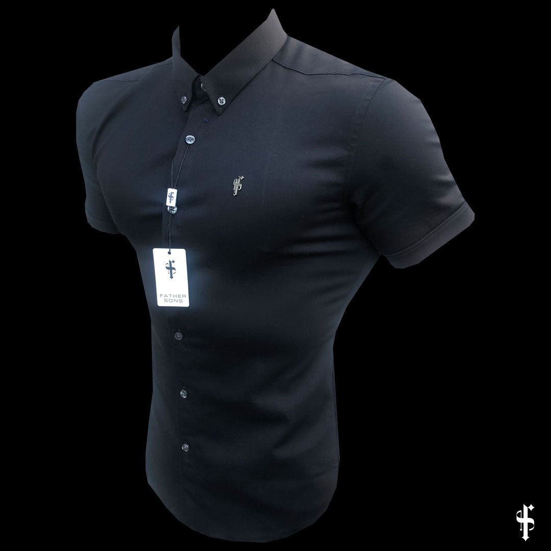 Super Slim Stretch Black Denim Short Sleeve with Metal Decal Emblem - FS643