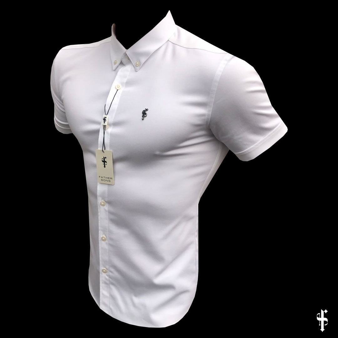 Super Slim Stretch White Denim Short Sleeve with Metal Decal Emblem - FS627