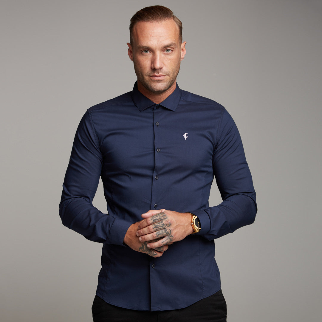 Super Slim Stretch Classic Navy Panel Shirt (Pink embroidery) - FS321