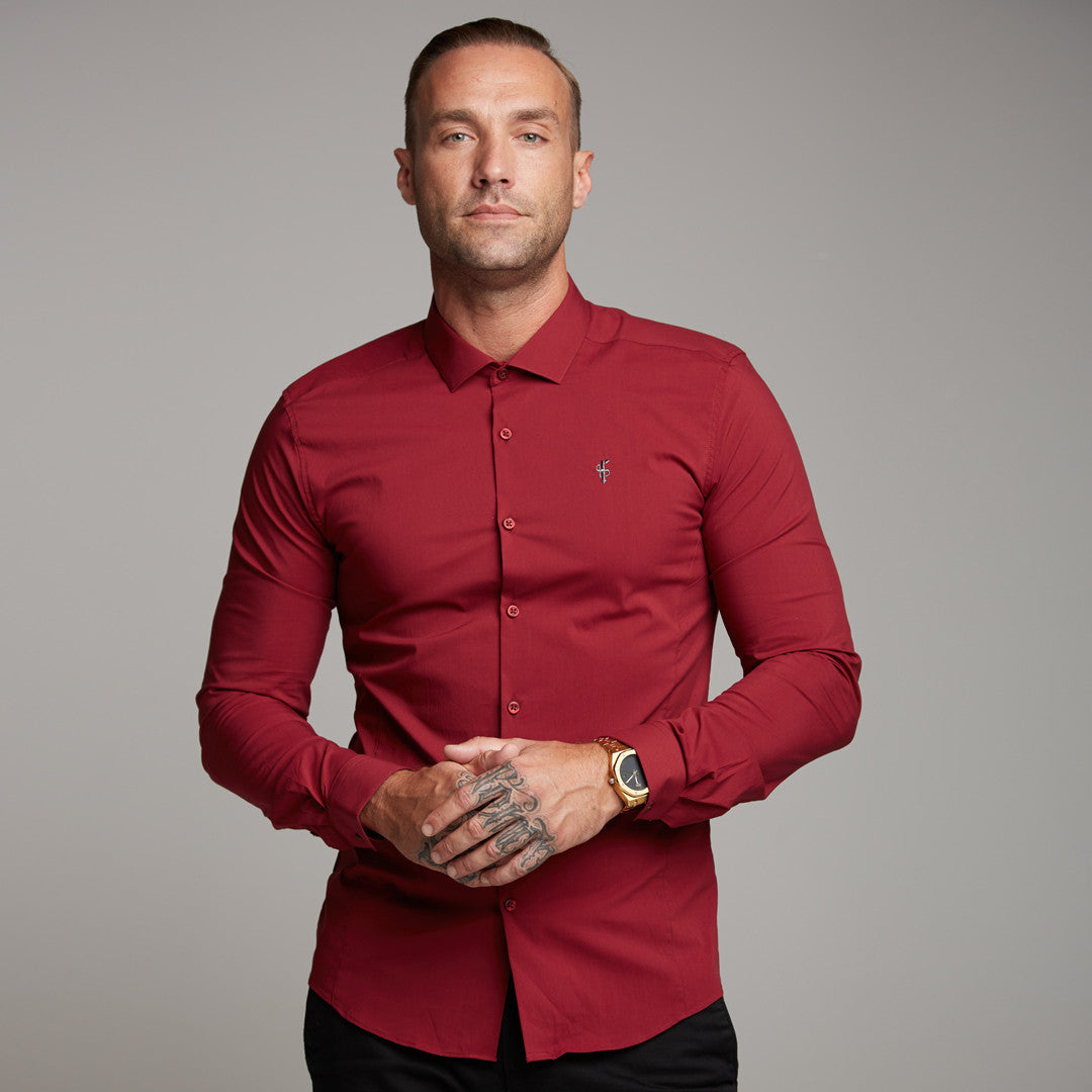 Super Slim Stretch Classic Oxblood Panel Shirt (Grey embroidery) - FS318