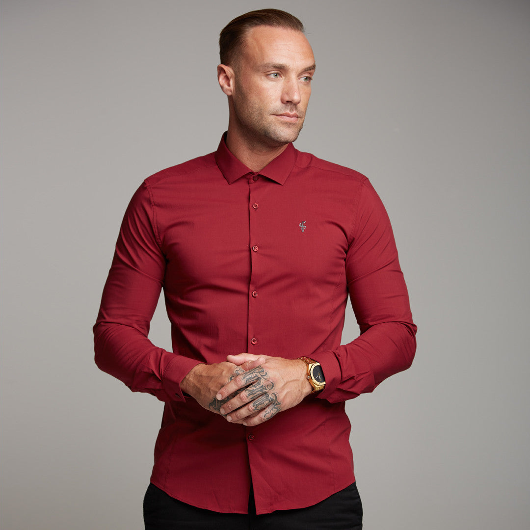 Super Slim Stretch Classic Oxblood Panel Shirt (Grey embroidery) - FS318
