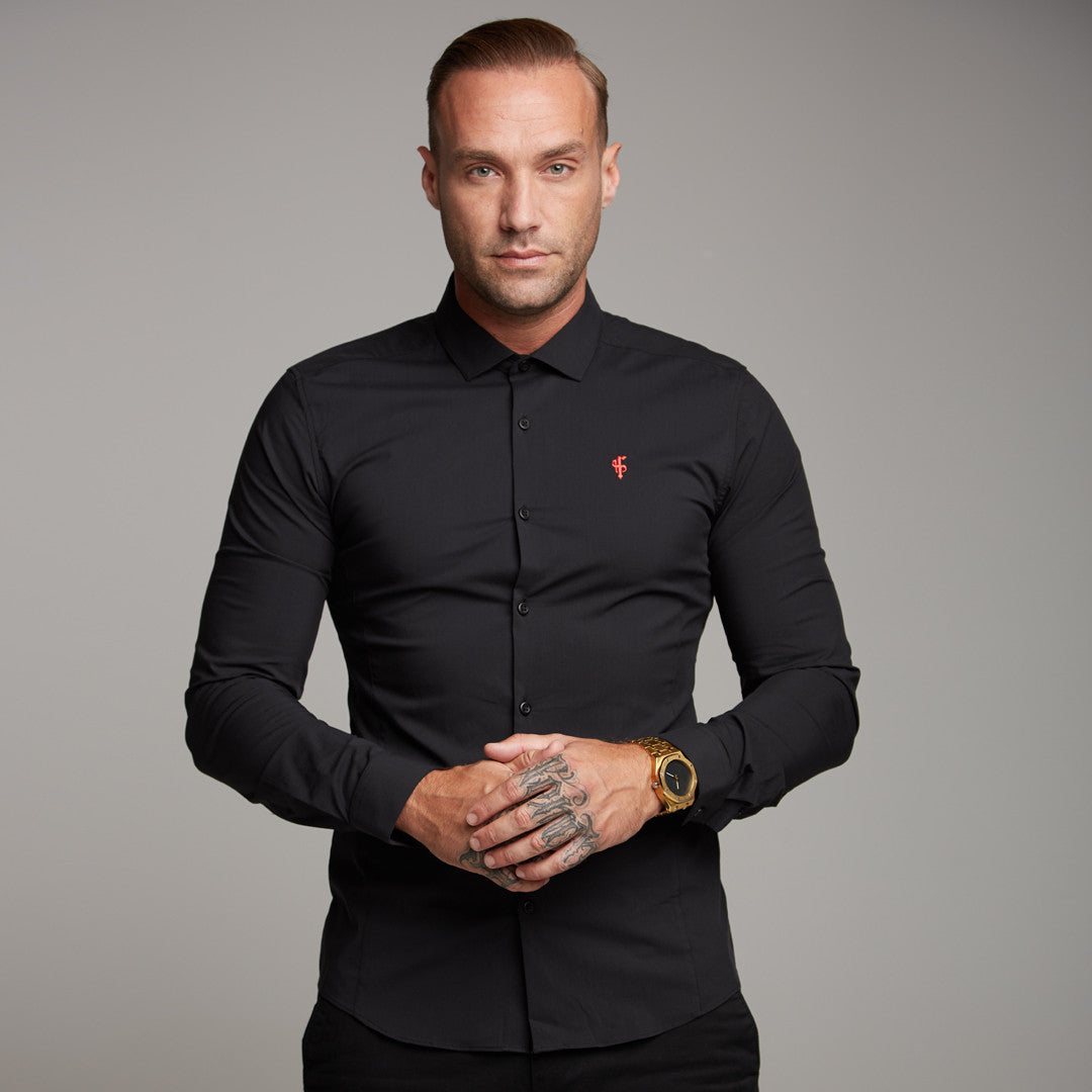 Super Slim Stretch Classic Black Panel Shirt (Red embroidery) - FS320