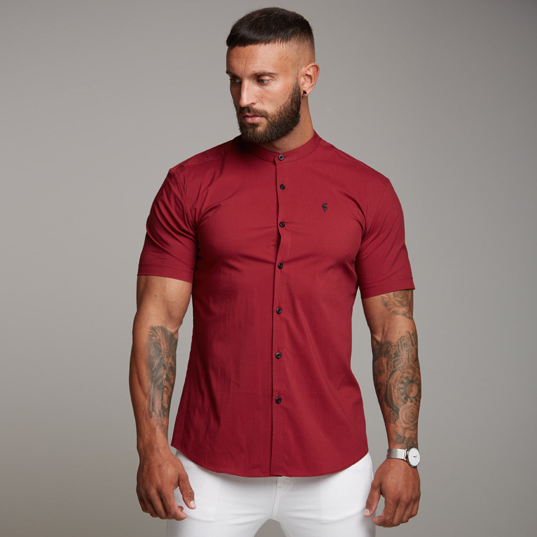 Super Slim Stretch Classic Oxblood Grandad Collar Short Sleeve - FS292