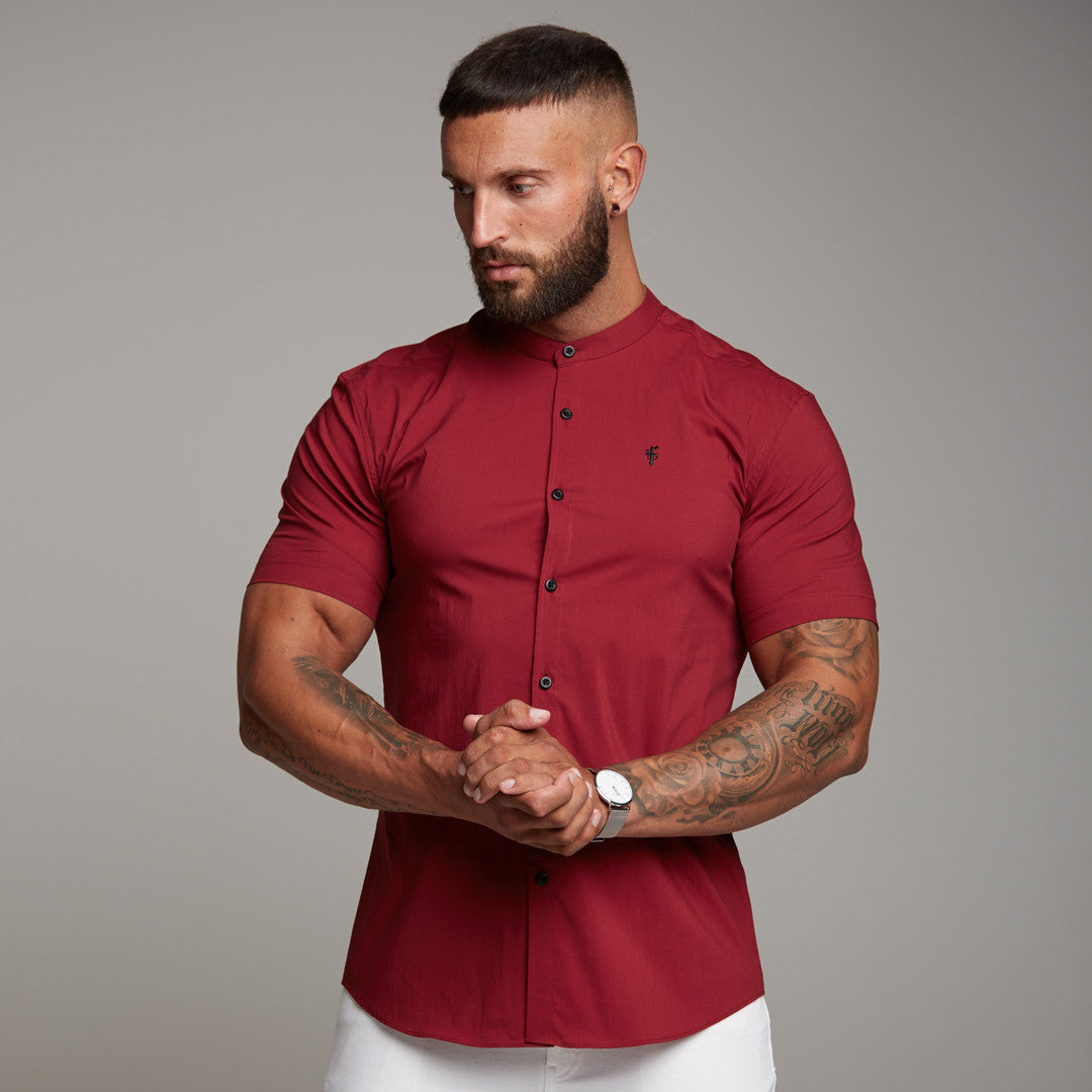 Super Slim Stretch Classic Oxblood Grandad Collar Short Sleeve - FS292