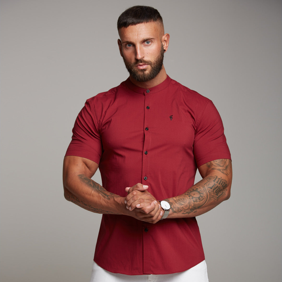 Super Slim Stretch Classic Oxblood Grandad Collar Short Sleeve - FS292