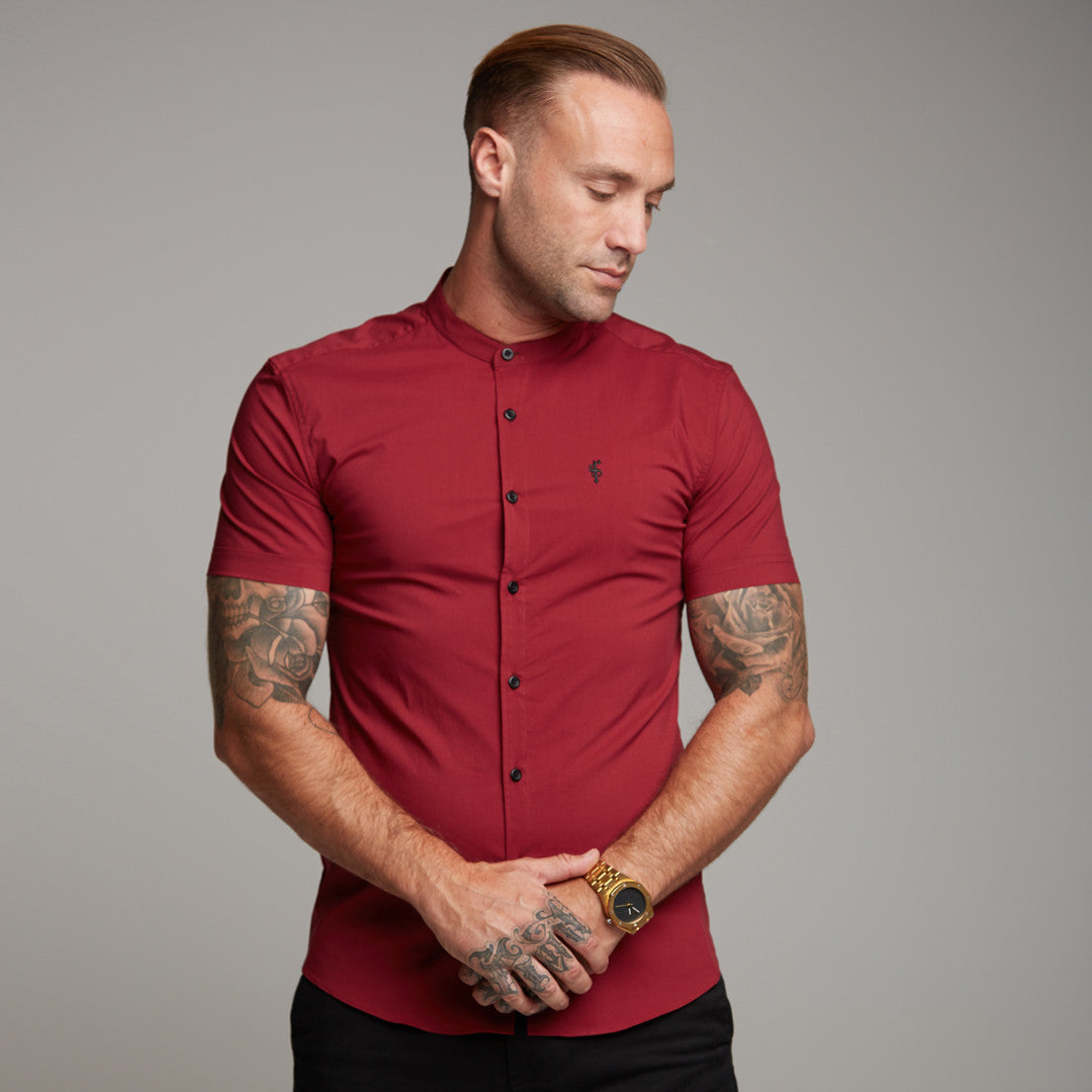 Super Slim Stretch Classic Oxblood Grandad Collar Short Sleeve - FS292
