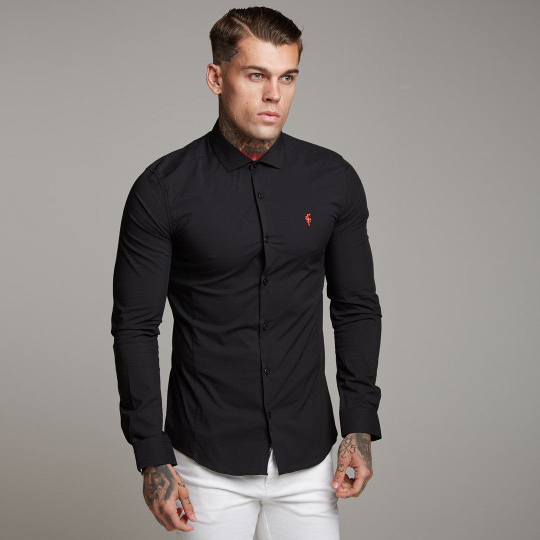 Super Slim Stretch Classic Black Panel Shirt (Red embroidery) - FS320