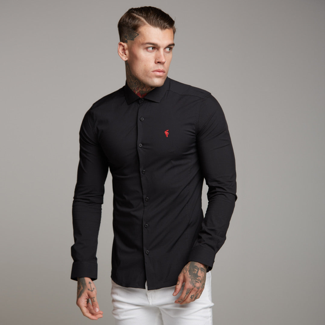 Super Slim Stretch Classic Black Panel Shirt (Red embroidery) - FS320