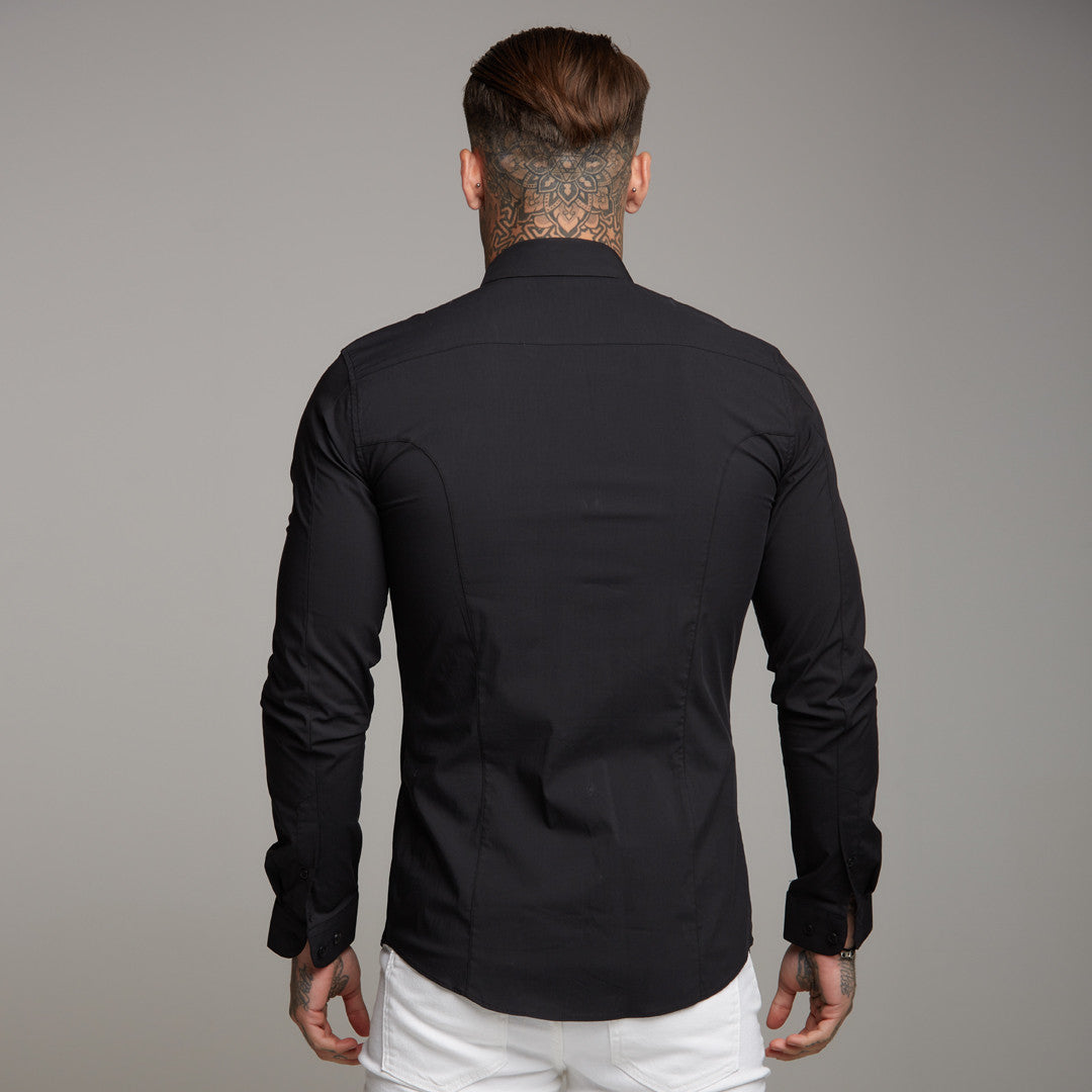 Super Slim Stretch Classic Black Panel Shirt (Red embroidery) - FS320