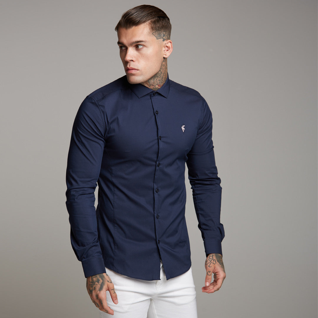 Super Slim Stretch Classic Navy Panel Shirt (Pink embroidery) - FS321