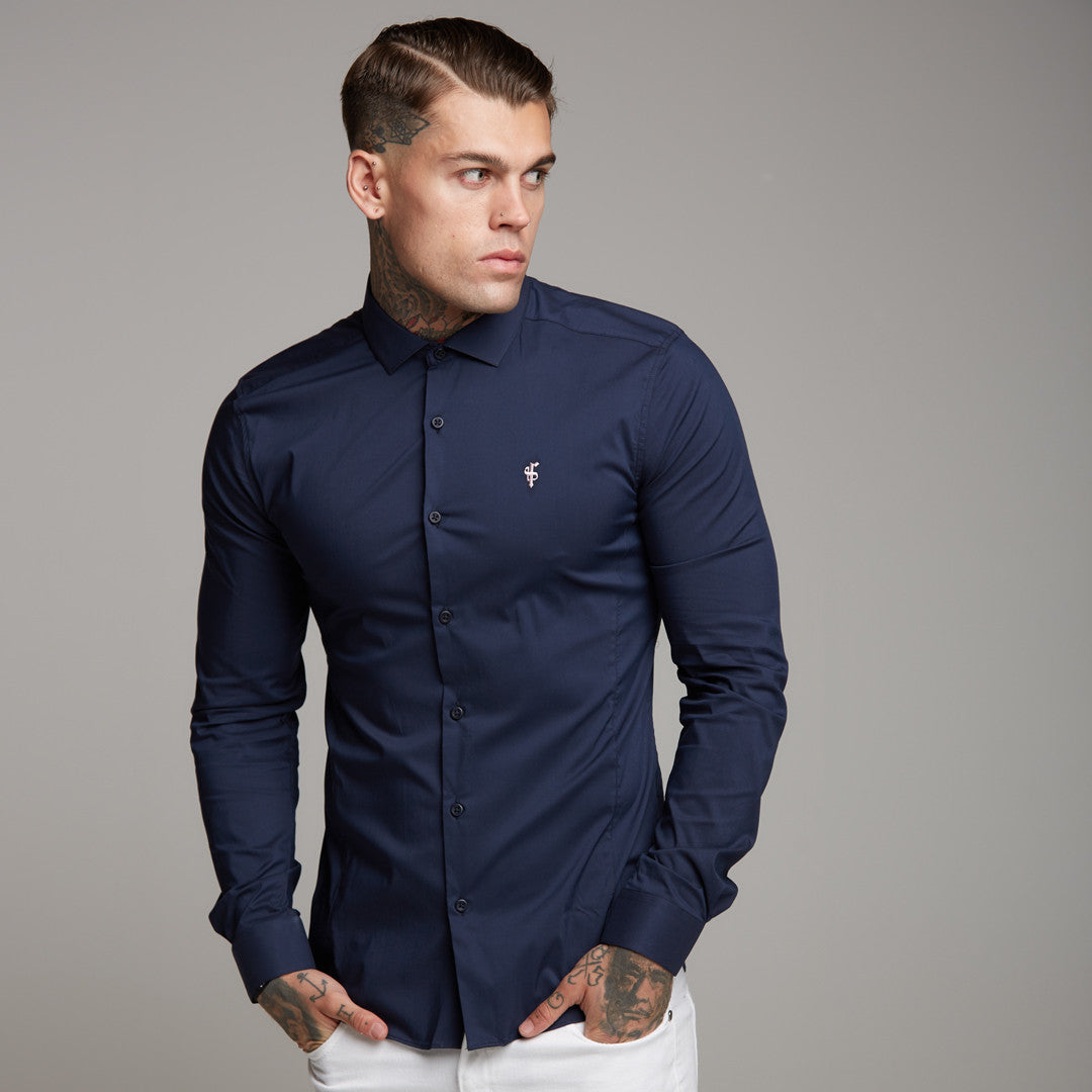 Super Slim Stretch Classic Navy Panel Shirt (Pink embroidery) - FS321