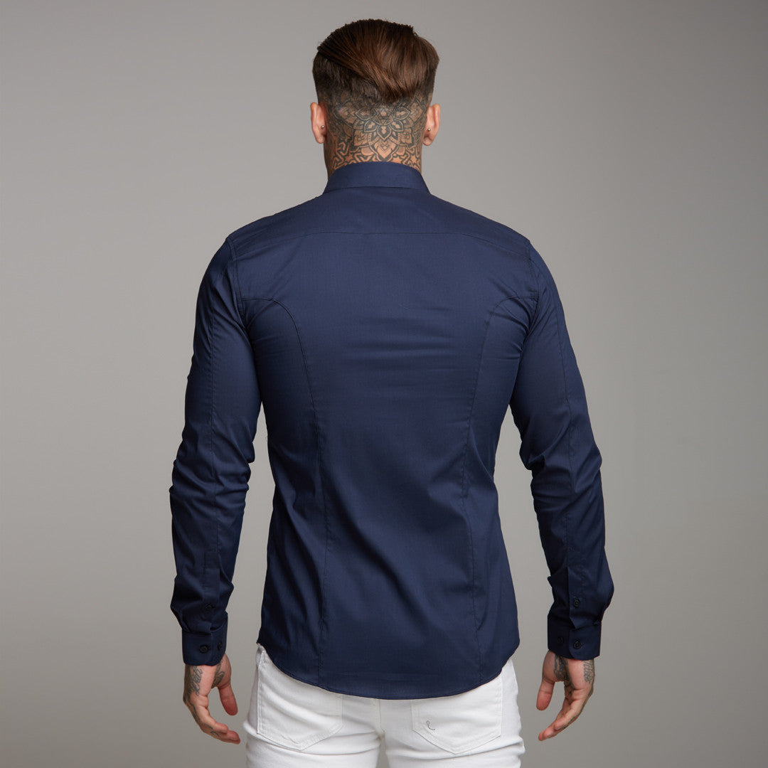 Super Slim Stretch Classic Navy Panel Shirt (Pink embroidery) - FS321