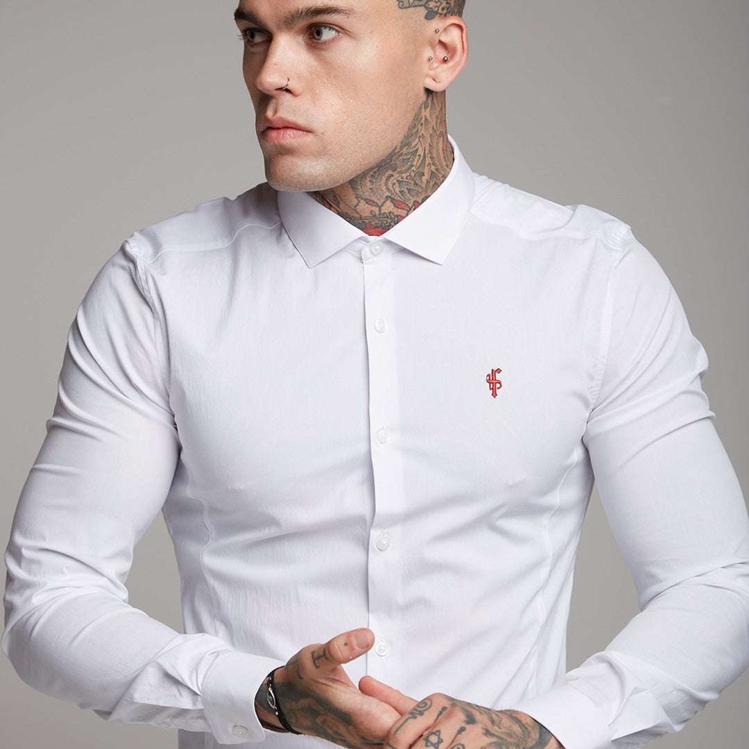 Super Slim Stretch Classic White Panel Shirt (Burgundy embroidery) - FS316 (LAST CHANCE)