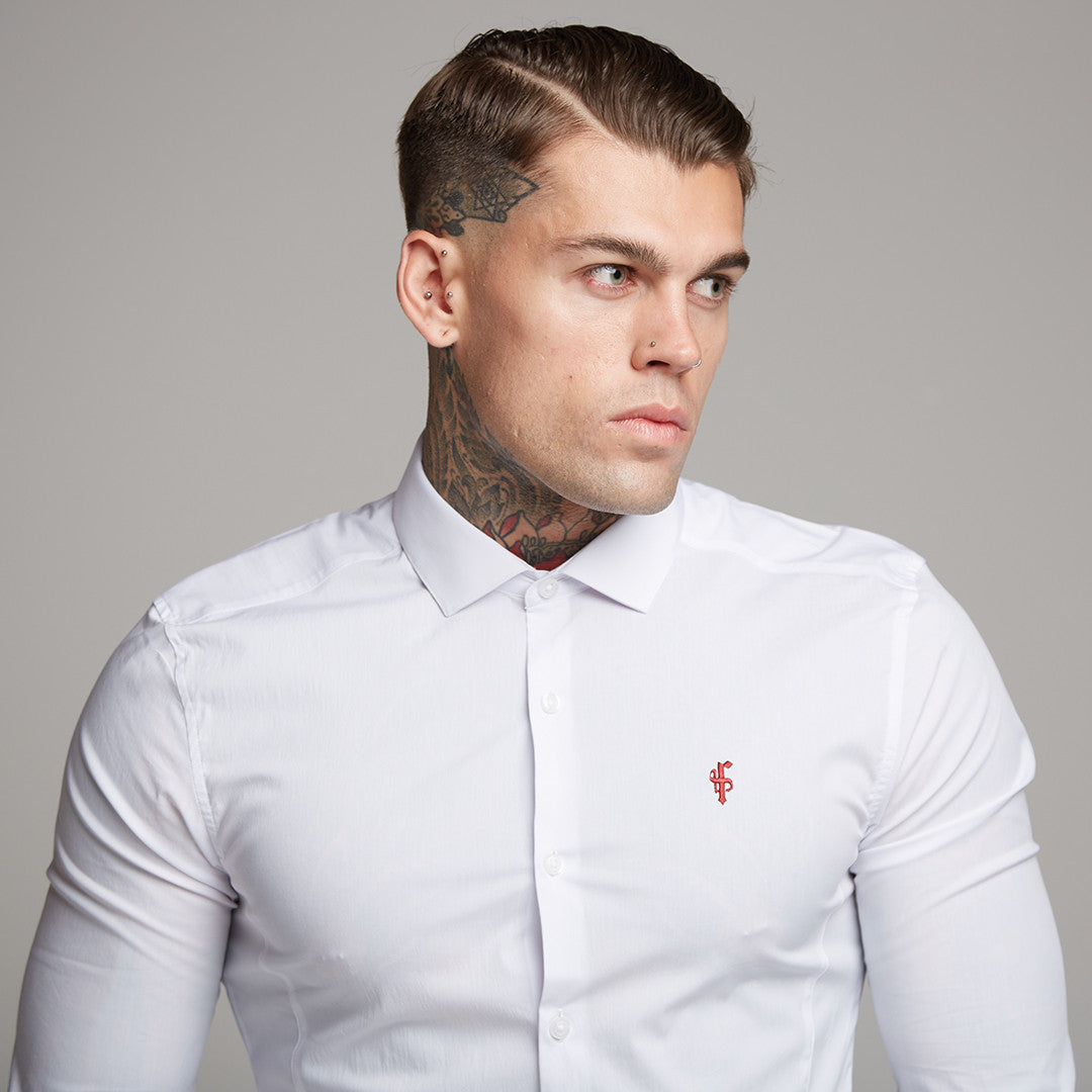Super Slim Stretch Classic White Panel Shirt (Burgundy embroidery) - FS316 (LAST CHANCE)