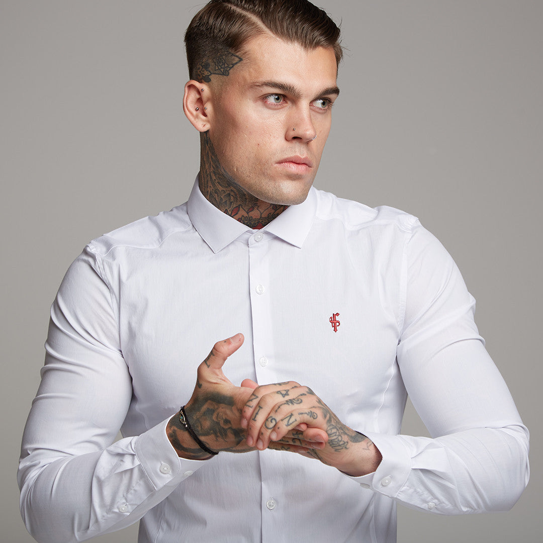 Super Slim Stretch Classic White Panel Shirt (Burgundy embroidery) - FS316 (LAST CHANCE)