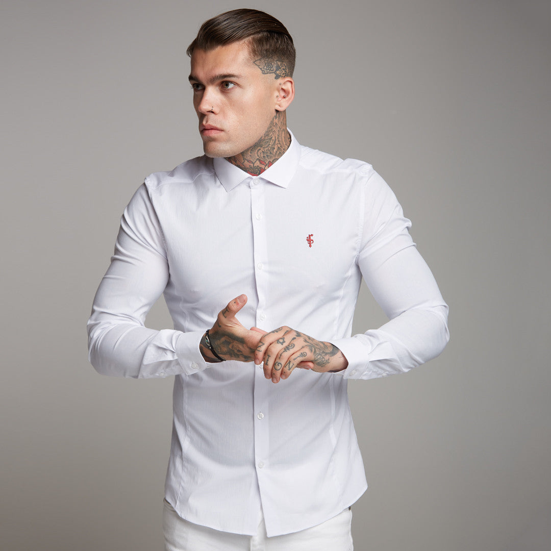 Super Slim Stretch Classic White Panel Shirt (Burgundy embroidery) - FS316 (LAST CHANCE)