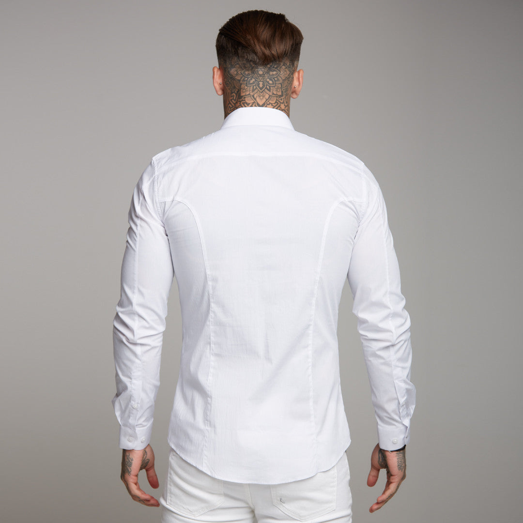 Super Slim Stretch Classic White Panel Shirt (Burgundy embroidery) - FS316 (LAST CHANCE)