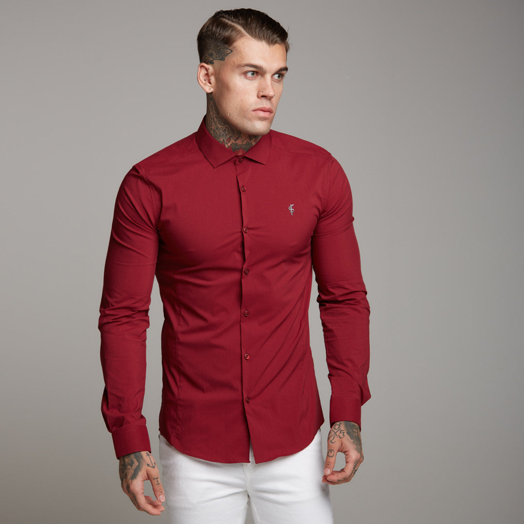 Super Slim Stretch Classic Oxblood Panel Shirt (Grey embroidery) - FS318