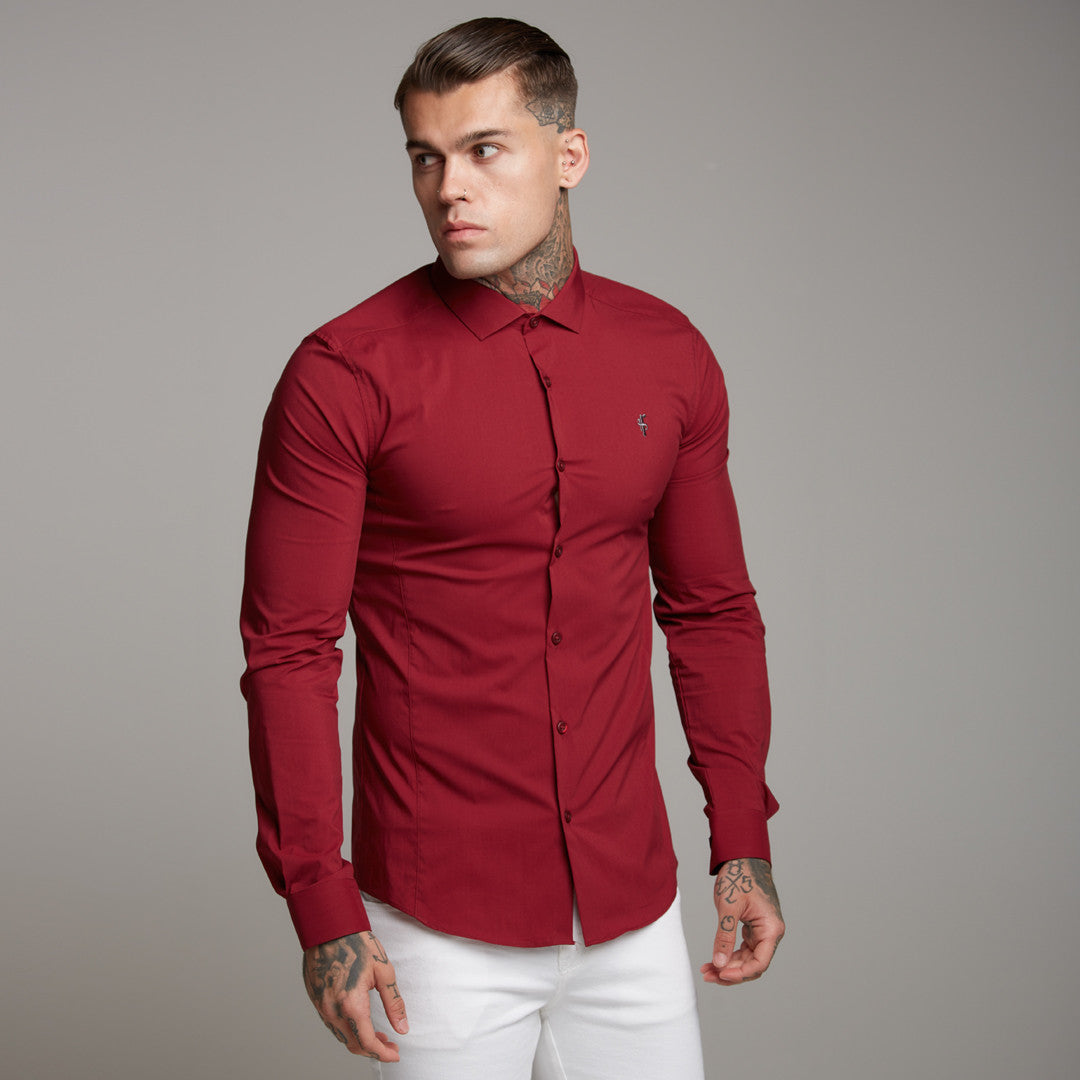 Super Slim Stretch Classic Oxblood Panel Shirt (Grey embroidery) - FS318