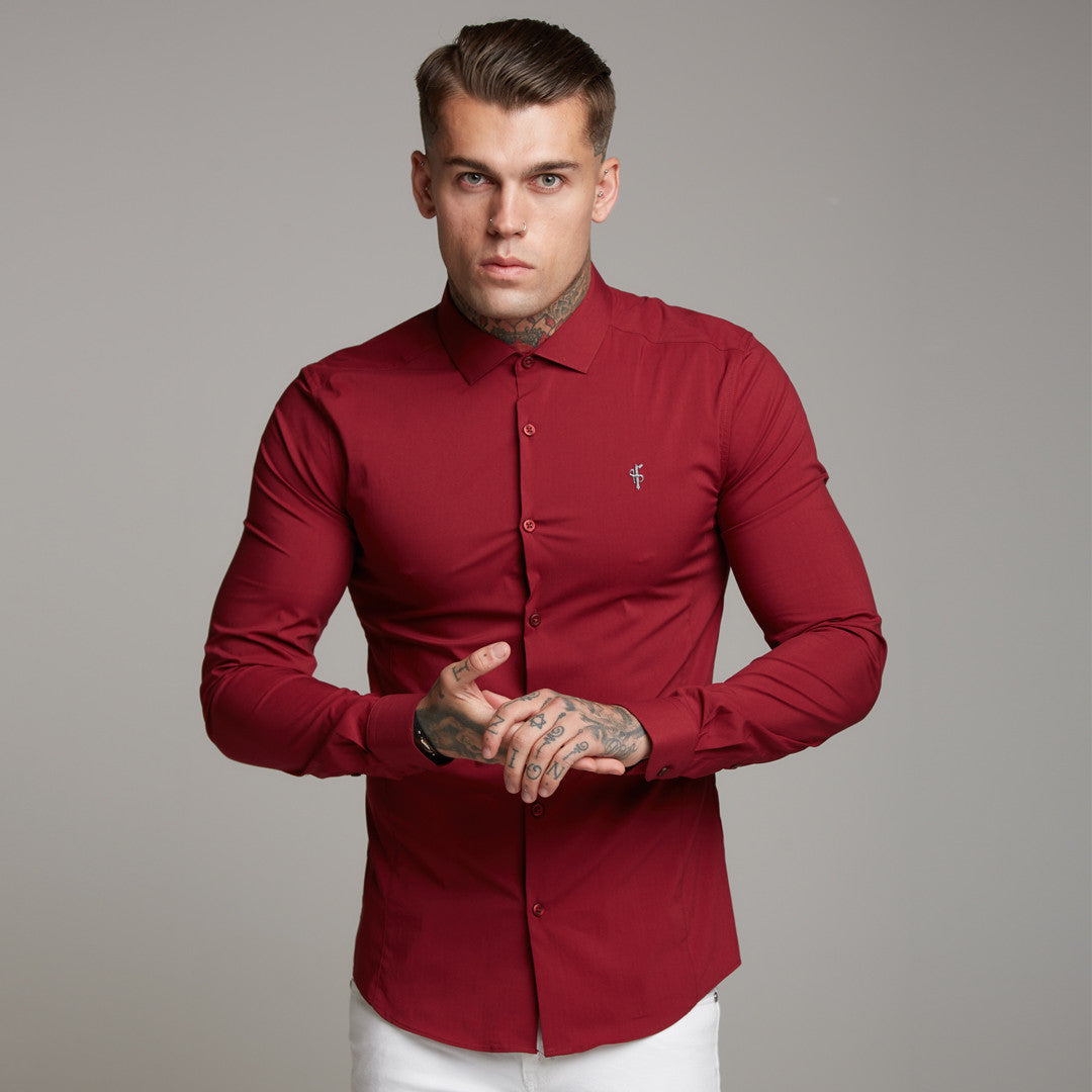 Super Slim Stretch Classic Oxblood Panel Shirt (Grey embroidery) - FS318