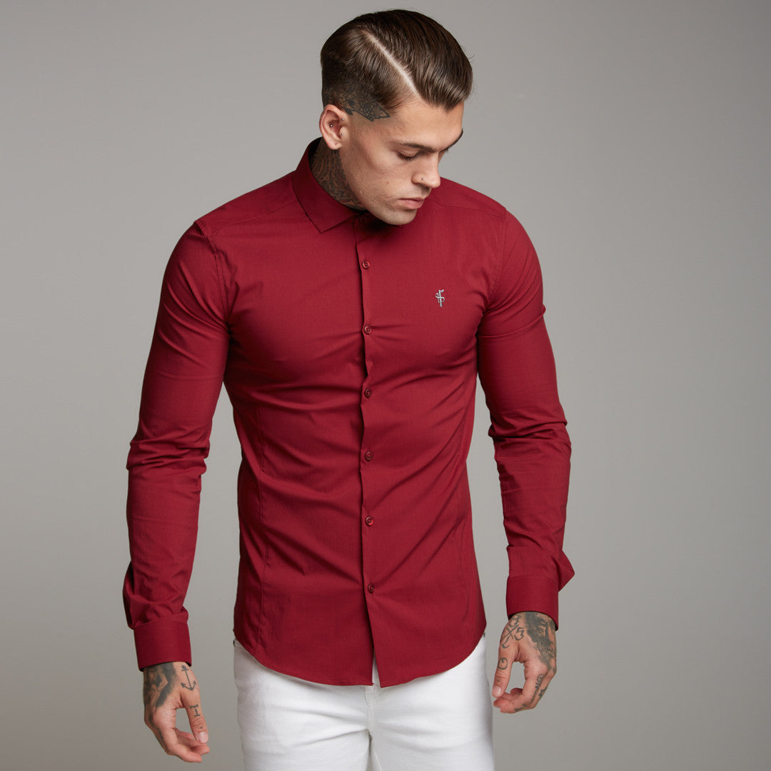 Super Slim Stretch Classic Oxblood Panel Shirt (Grey embroidery) - FS318