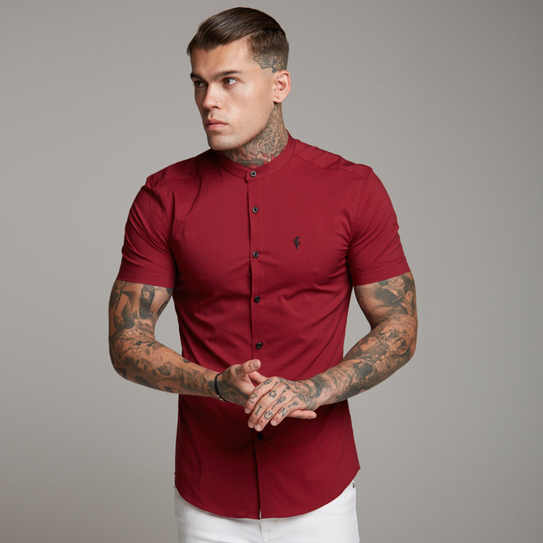 Super Slim Stretch Classic Oxblood Grandad Collar Short Sleeve - FS292