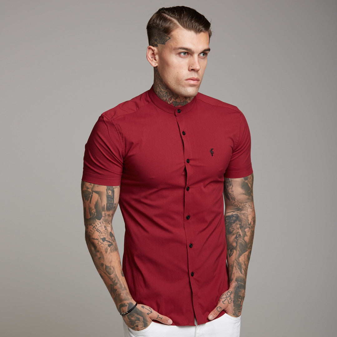 Super Slim Stretch Classic Oxblood Grandad Collar Short Sleeve - FS292