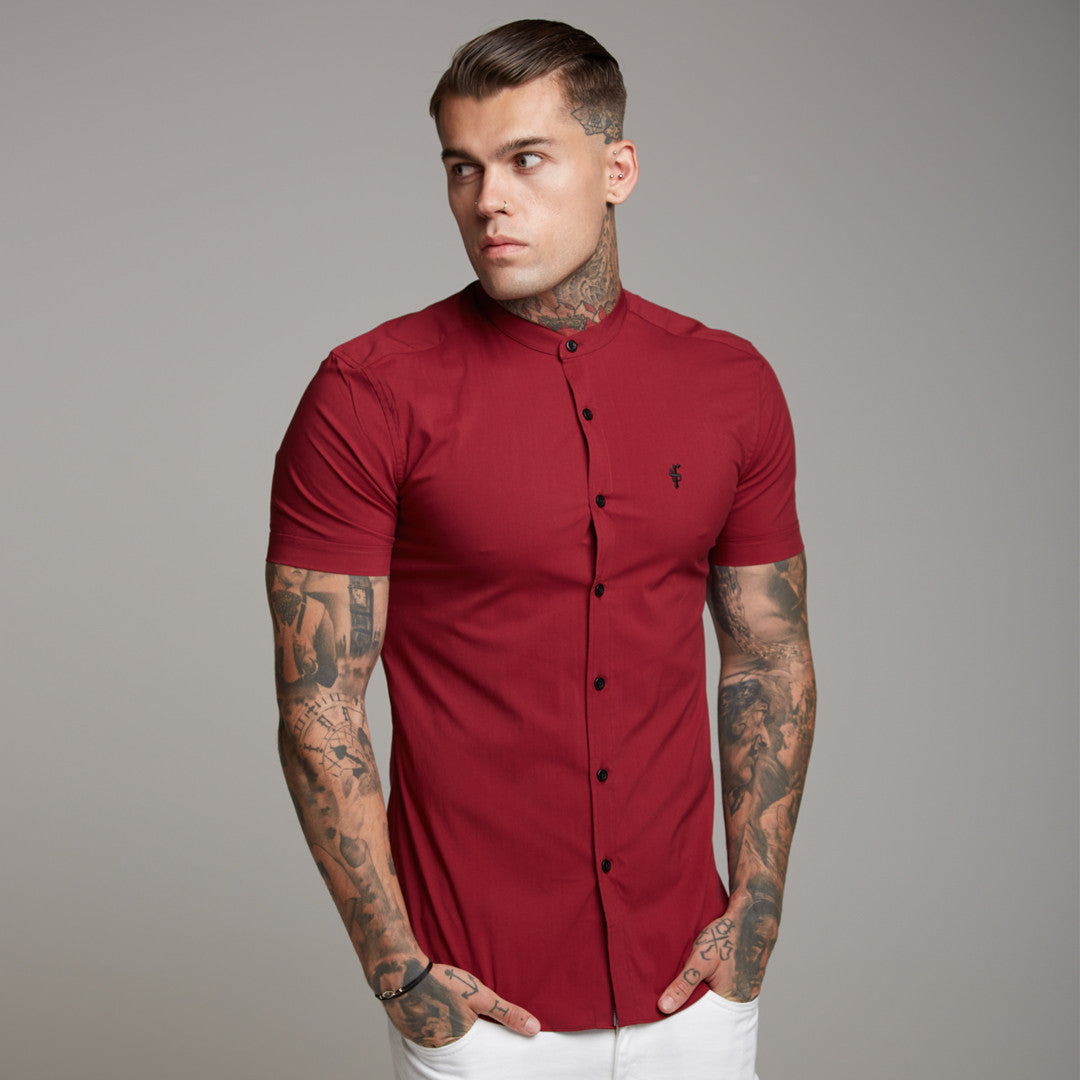 Super Slim Stretch Classic Oxblood Grandad Collar Short Sleeve - FS292