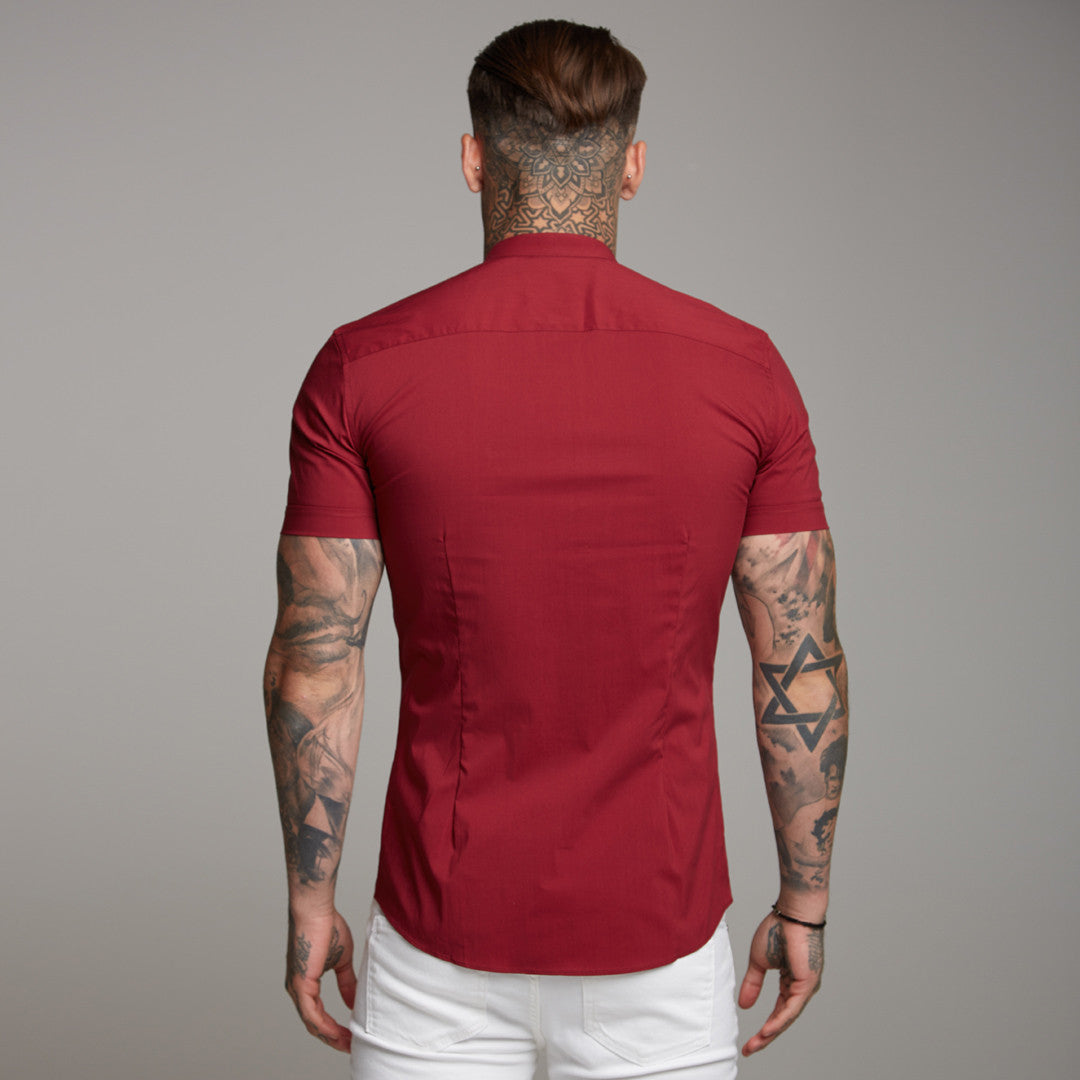 Super Slim Stretch Classic Oxblood Grandad Collar Short Sleeve - FS292