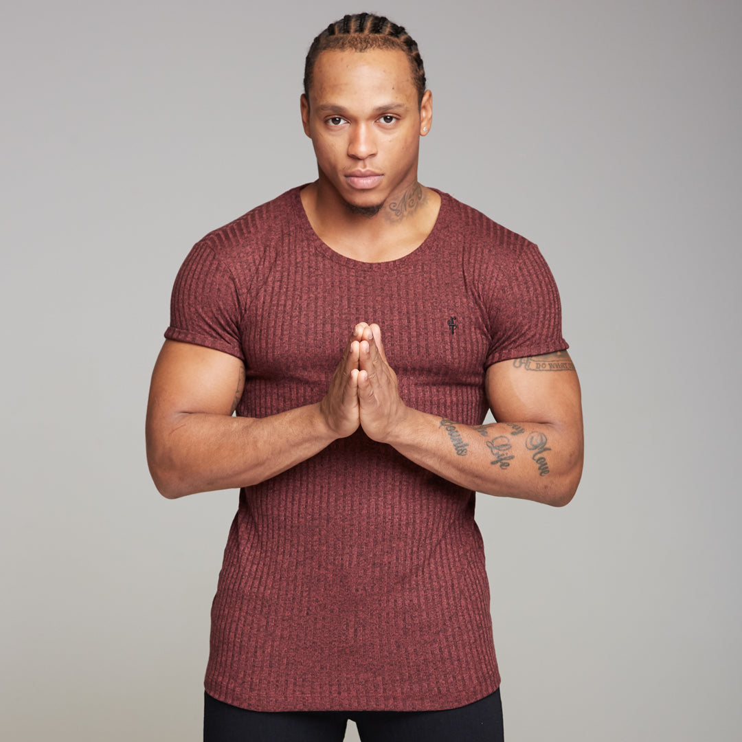 Classic Burgundy Ribbed Knit Super Slim Long Line Crew - FSH170