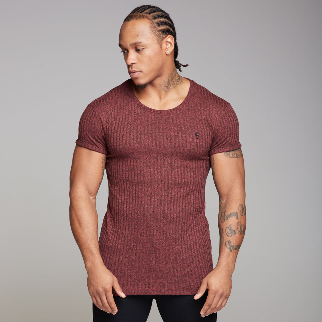 Classic Burgundy Ribbed Knit Super Slim Long Line Crew - FSH170