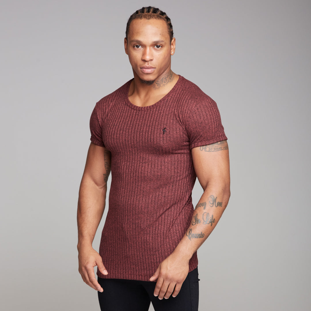 Classic Burgundy Ribbed Knit Super Slim Long Line Crew - FSH170