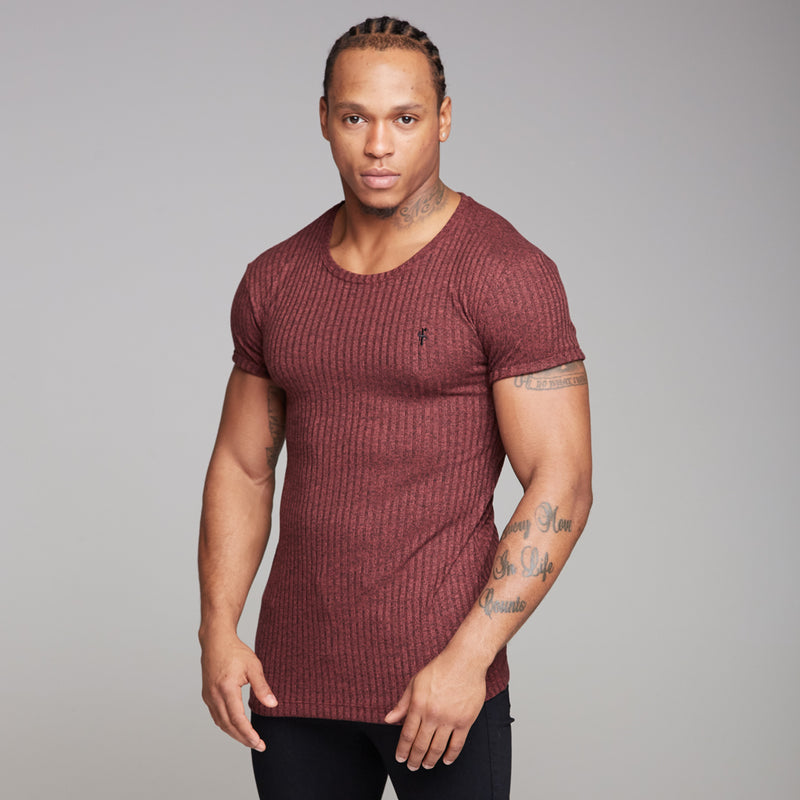 Father Sons Classic Burgundy Ribbed Knit Super Slim Long Line Crew - FSH170