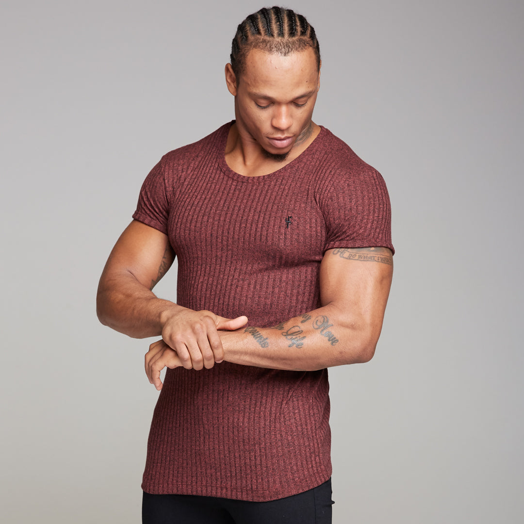 Classic Burgundy Ribbed Knit Super Slim Long Line Crew - FSH170