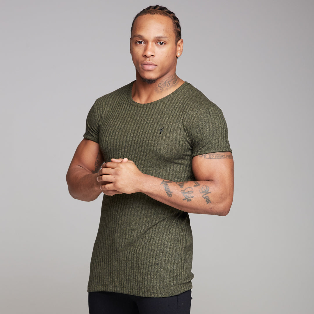 Classic Khaki Ribbed Knit Super Slim Long Line Crew - FSH172
