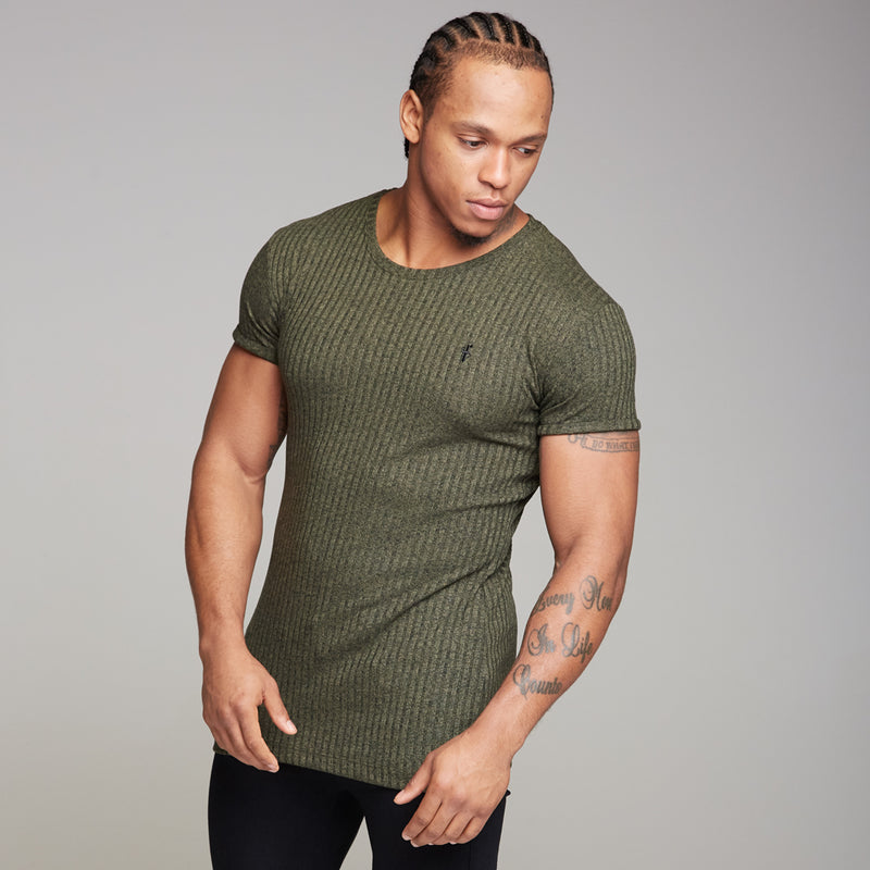 Father Sons Classic Khaki Ribbed Knit Super Slim Long Line Crew - FSH172