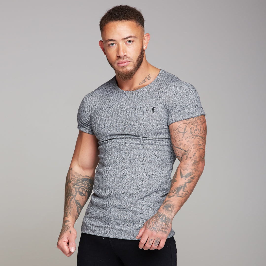 Classic Grey Ribbed Knit Super Slim Long Line Crew- FSH173